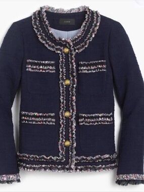 J. Crew Lady Jacket Navy Blue Floral Liberty Ruffle Trim Tweed Blazer, Size 8